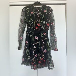 Long mesh sleeve embroidered floral dress